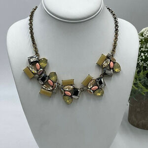 J. Crew Brass Gold Tone Pink Green Gray Beige Opalescent Rhinestone Necklace‎